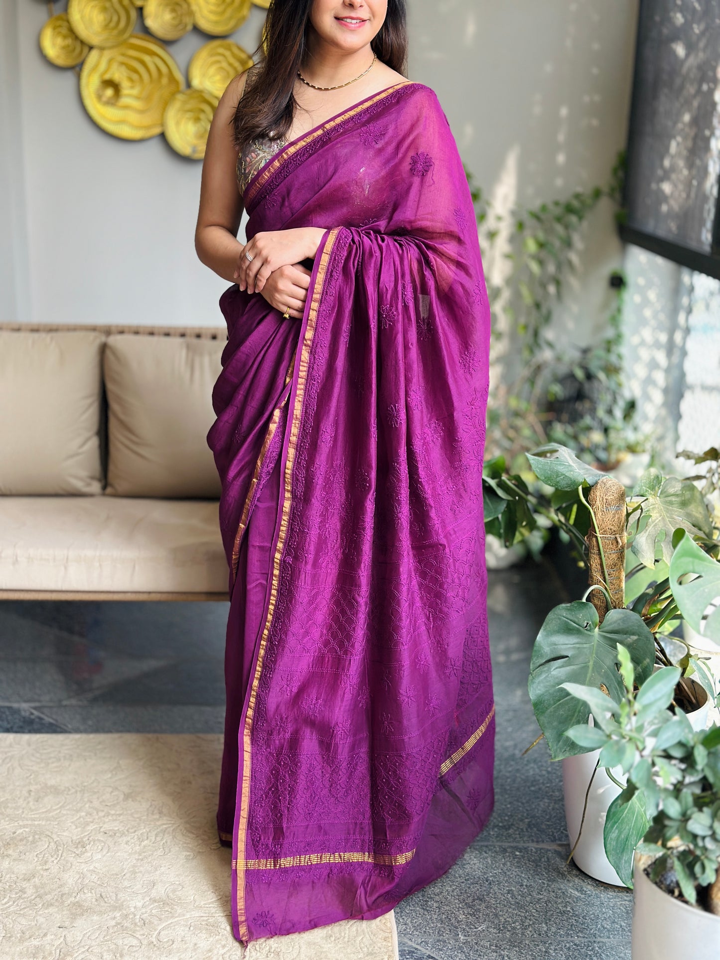 Berry Purple Chikankari Saree