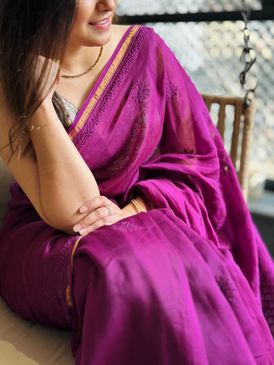 Berry Purple Chikankari Saree