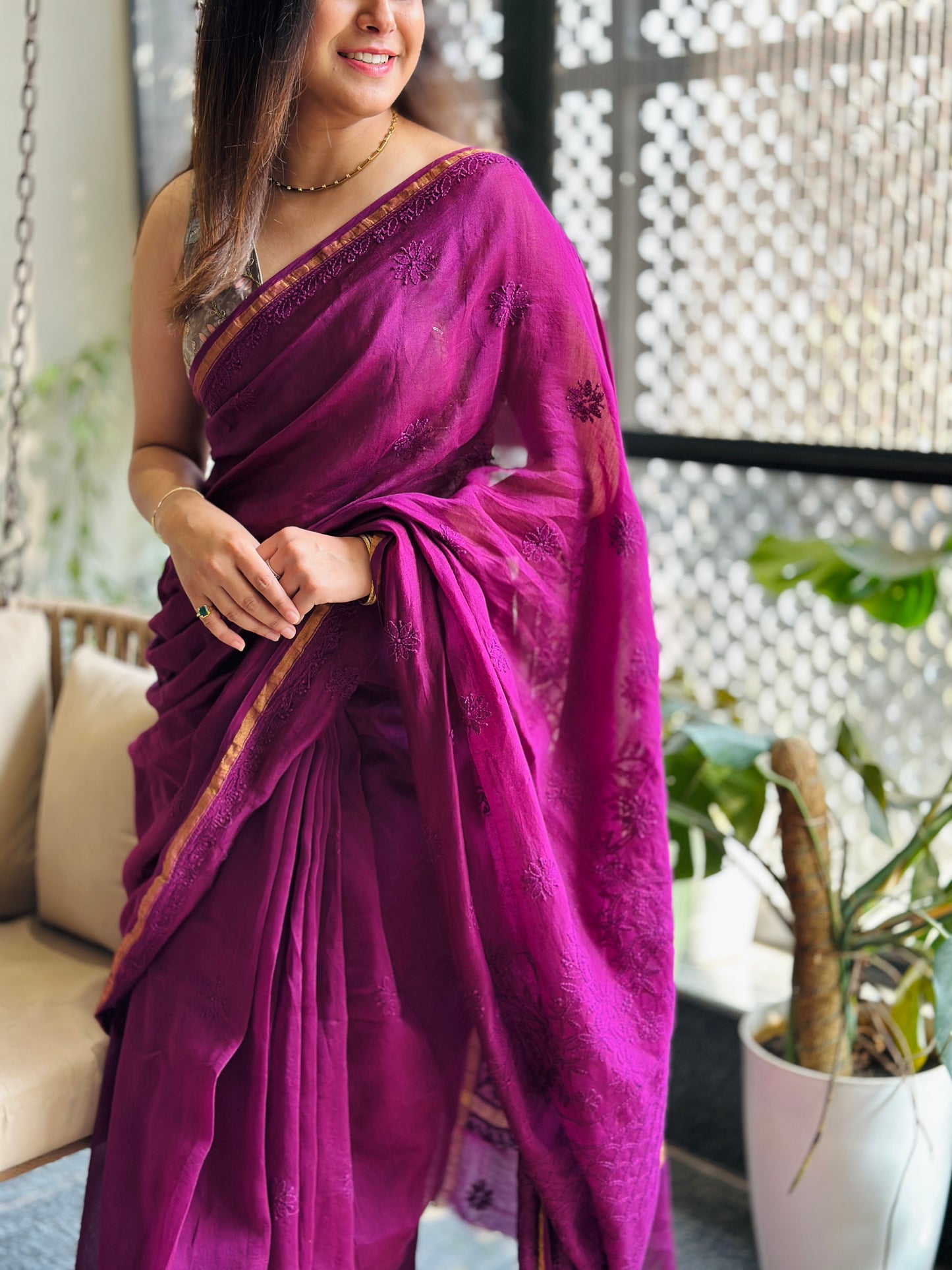Berry Purple Chikankari Saree