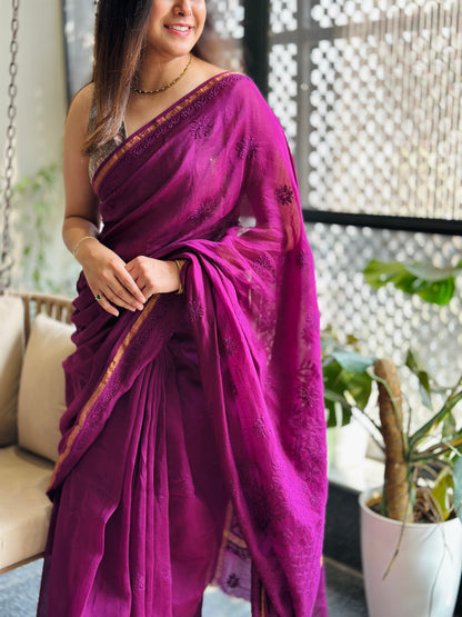 Berry Purple Chikankari Saree