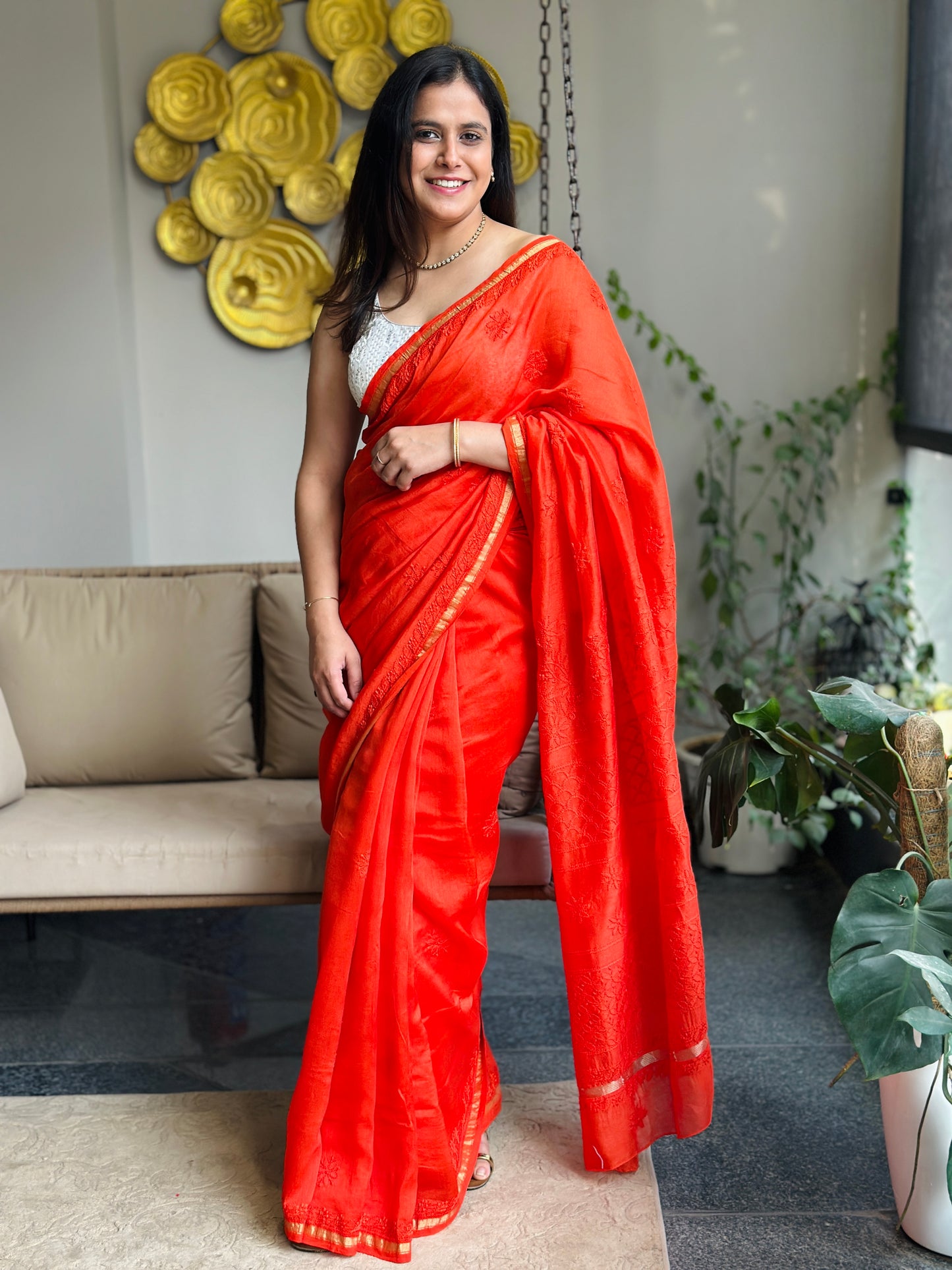Orange Chikankari Saree