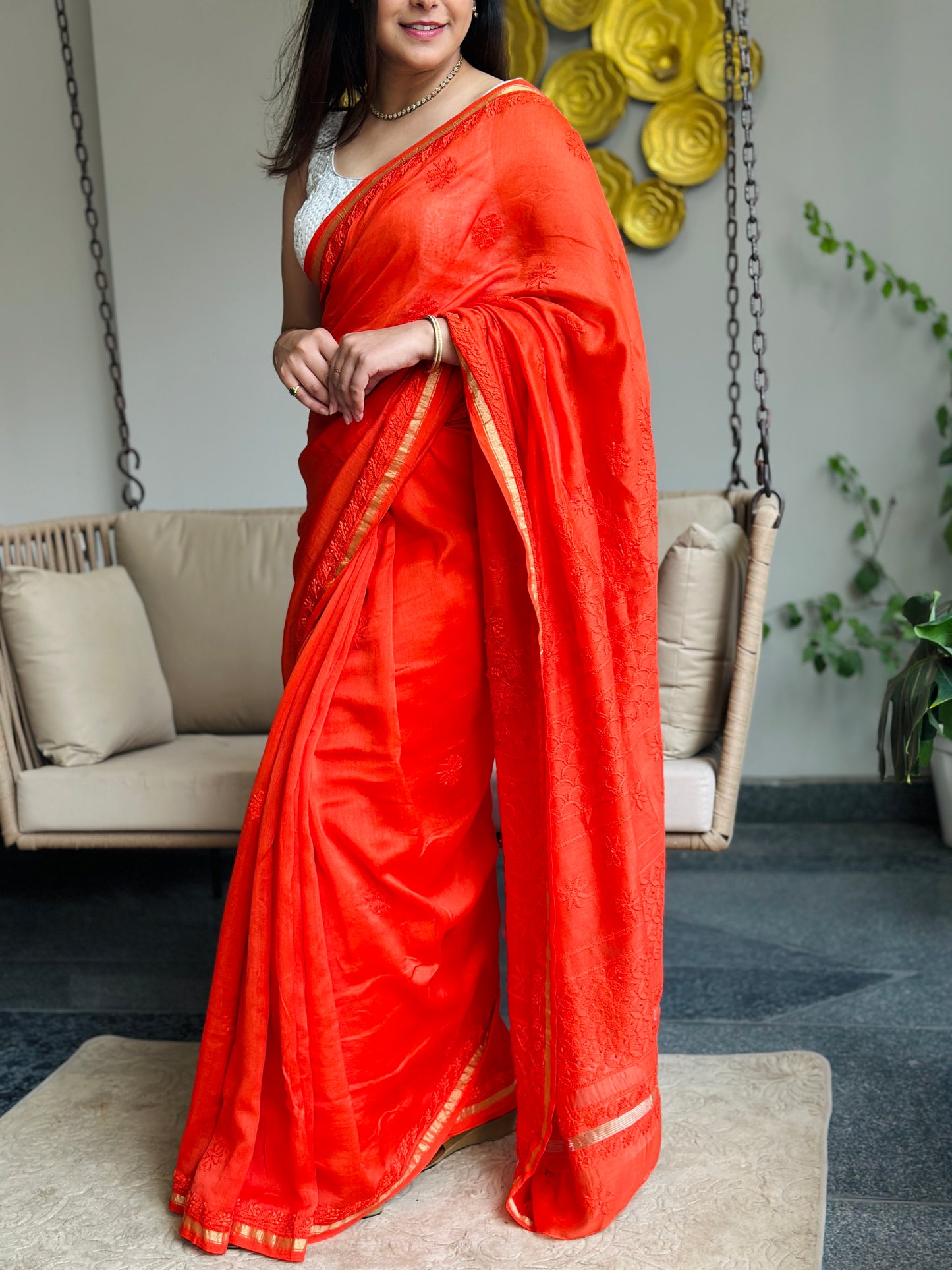 Orange Chikankari Saree
