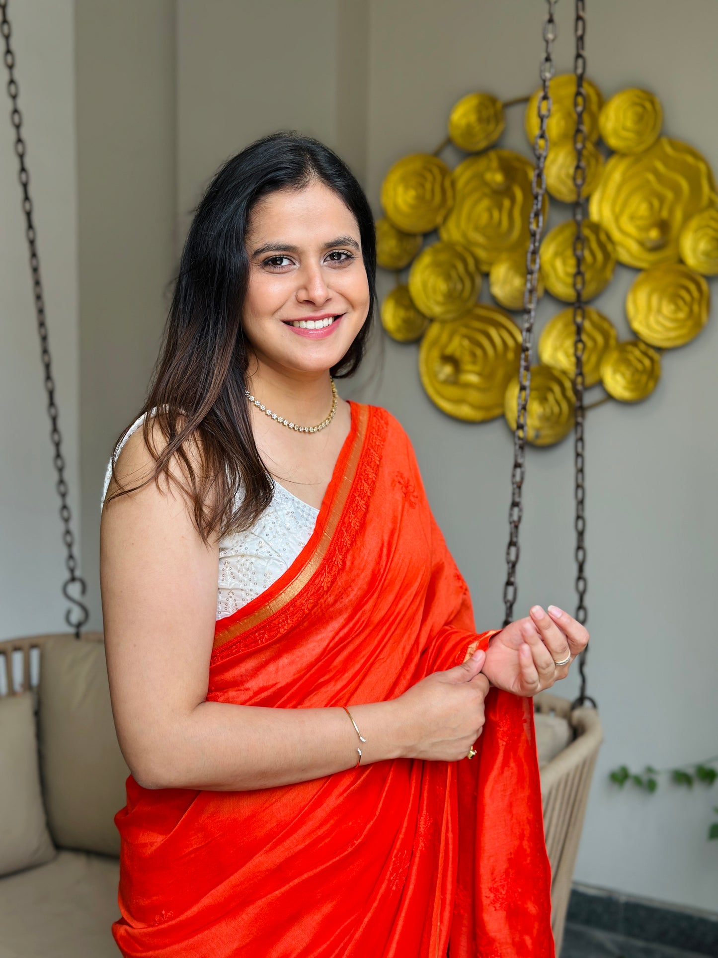Orange Chikankari Saree