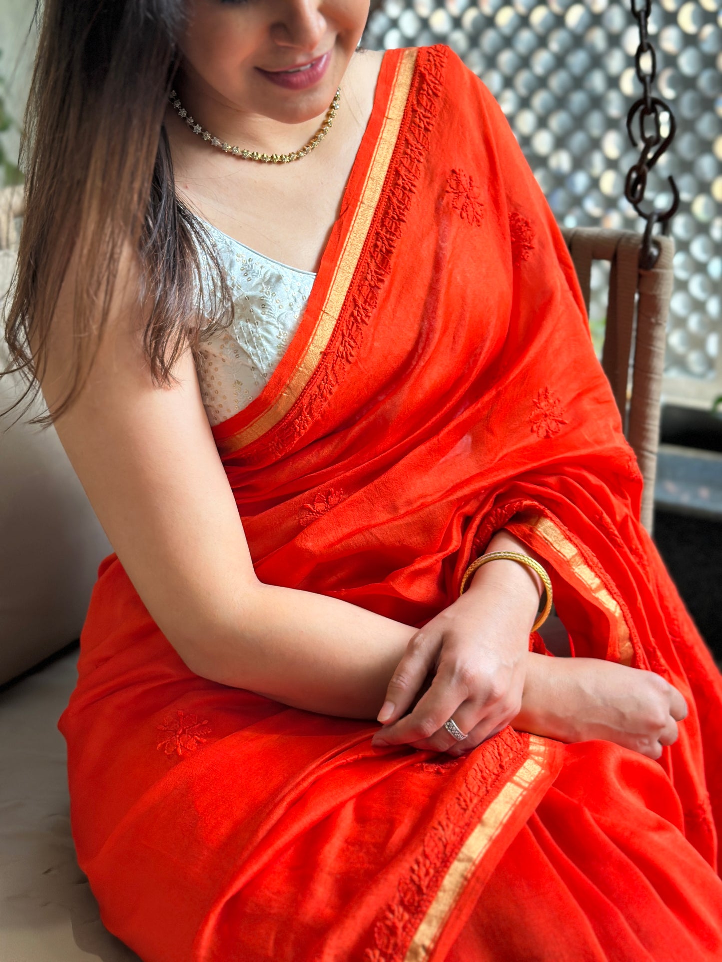 Orange Chikankari Saree