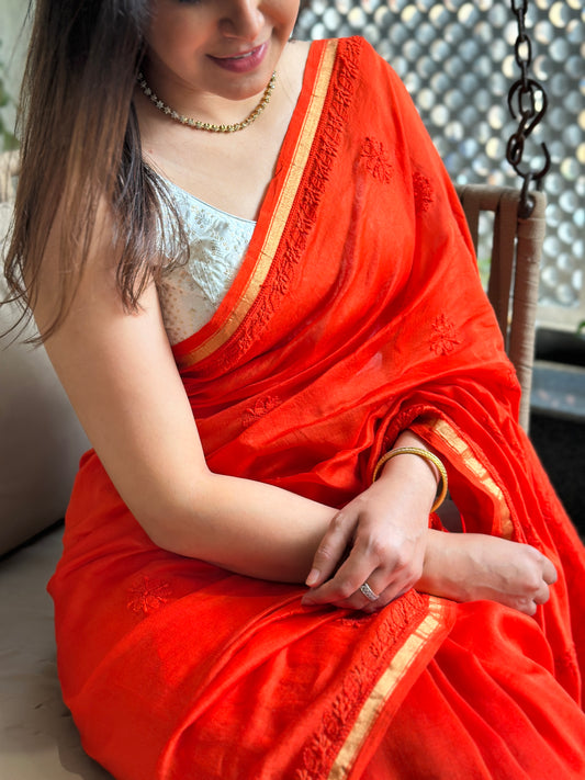 Orange Chikankari Saree