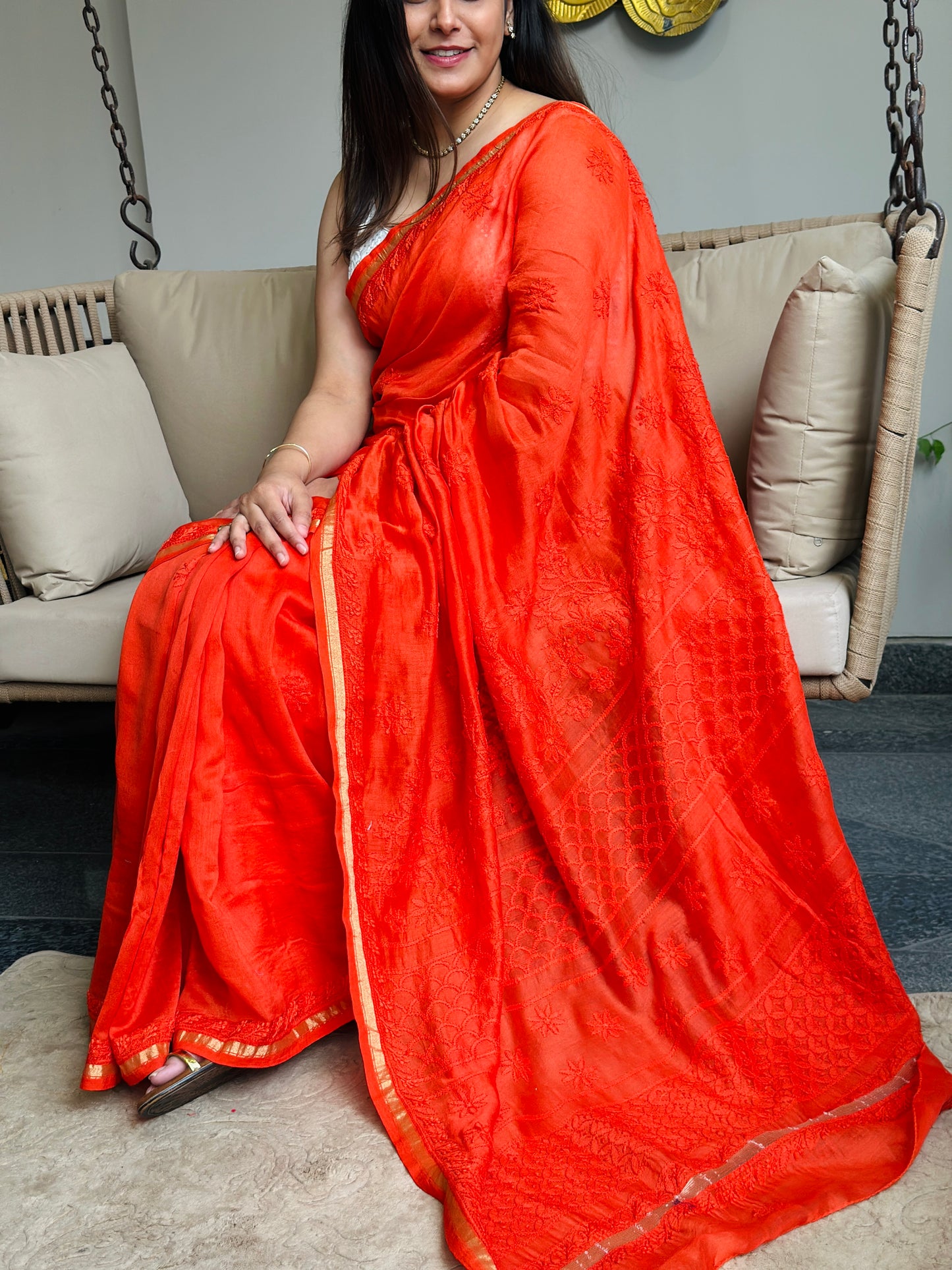 Orange Chikankari Saree