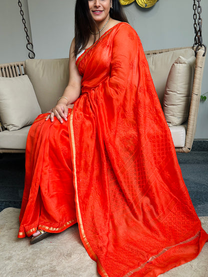 Orange Chikankari Saree