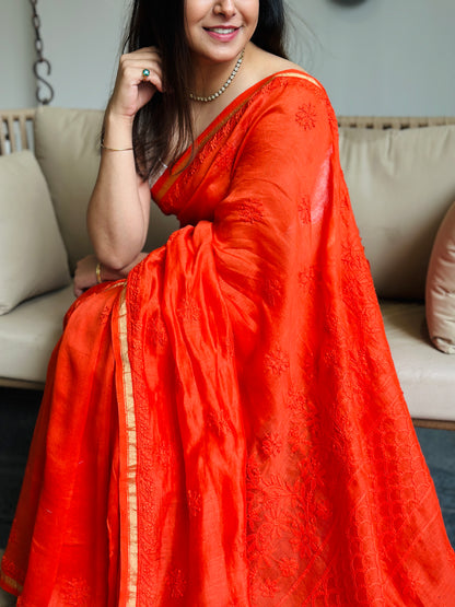 Orange Chikankari Saree