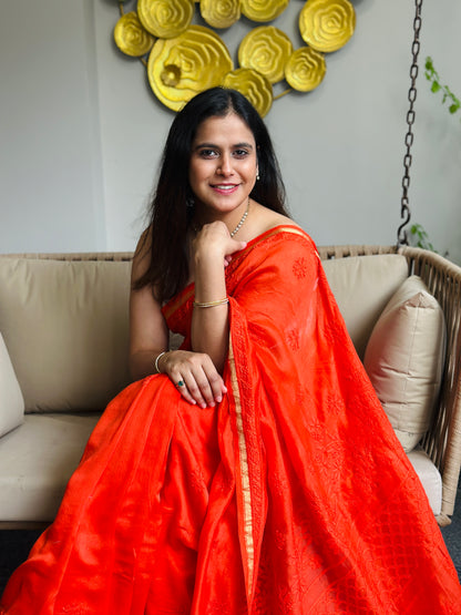 Orange Chikankari Saree