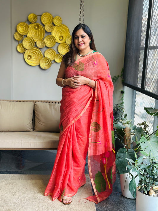 Coral Linen-Silk Jamdani Saree