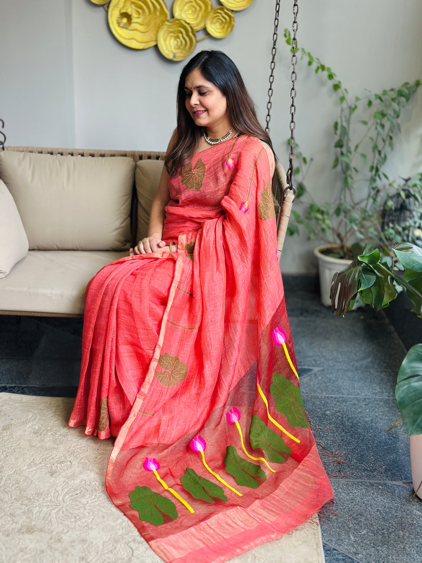 Coral Linen-Silk Jamdani Saree