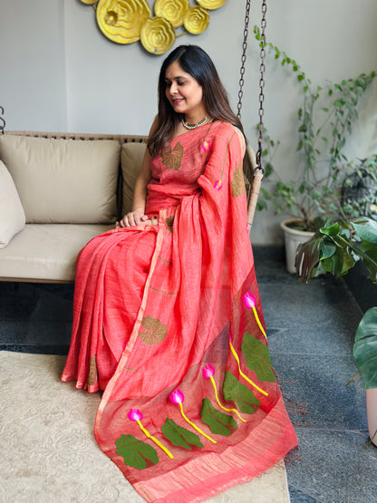 Coral Linen-Silk Jamdani Saree