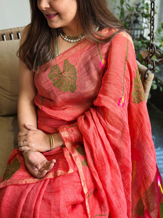 Coral Linen-Silk Jamdani Saree