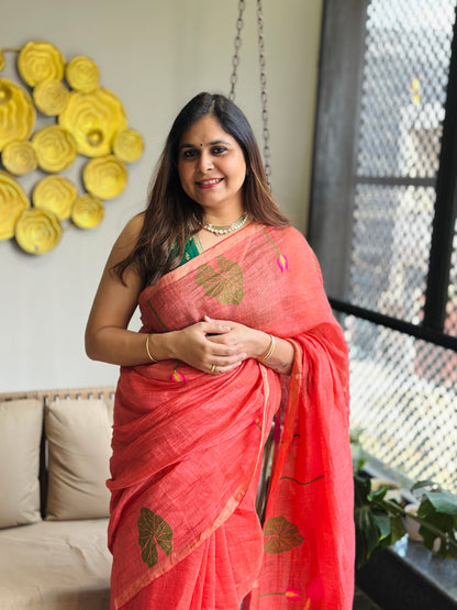 Coral Linen-Silk Jamdani Saree