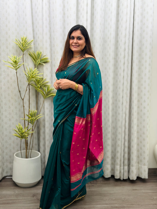Teal- Pink Maheshwari Saree