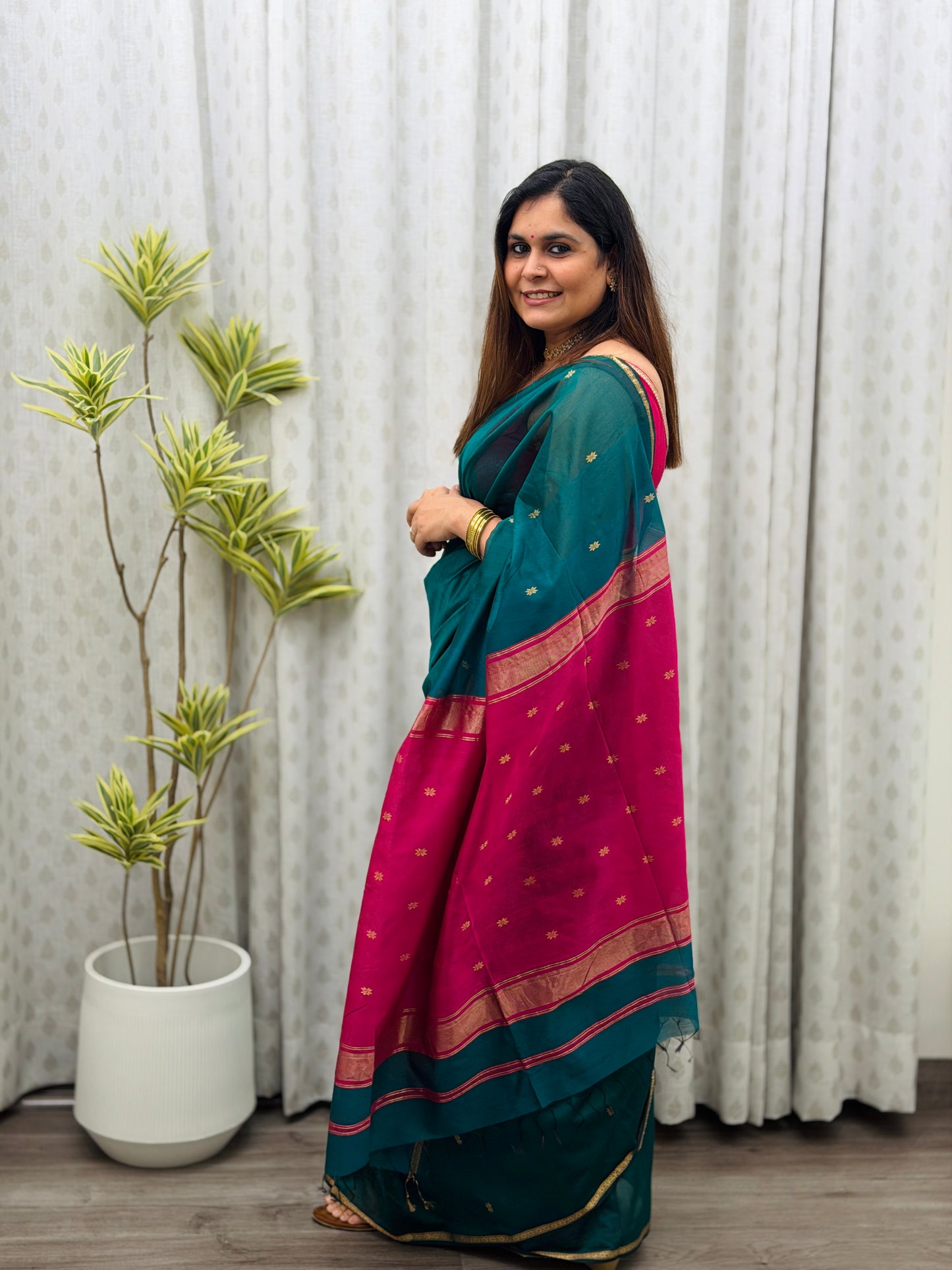 Teal- Pink Maheshwari Saree