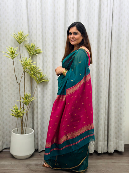 Teal- Pink Maheshwari Saree