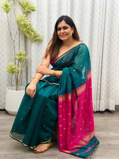 Teal- Pink Maheshwari Saree