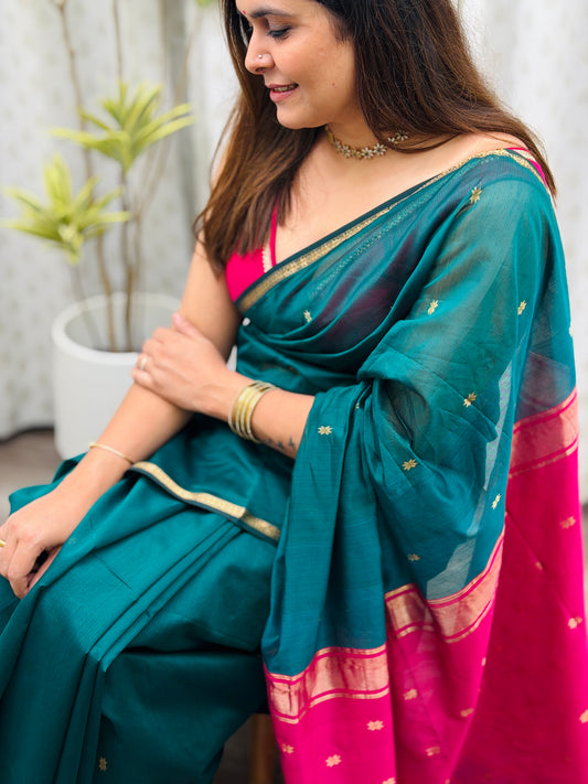 Teal- Pink Maheshwari Saree