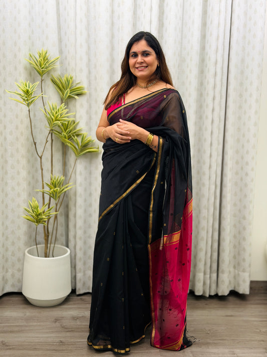 Black-Pink  Maheshwari Saree