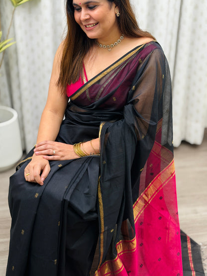 Black-Pink  Maheshwari Saree