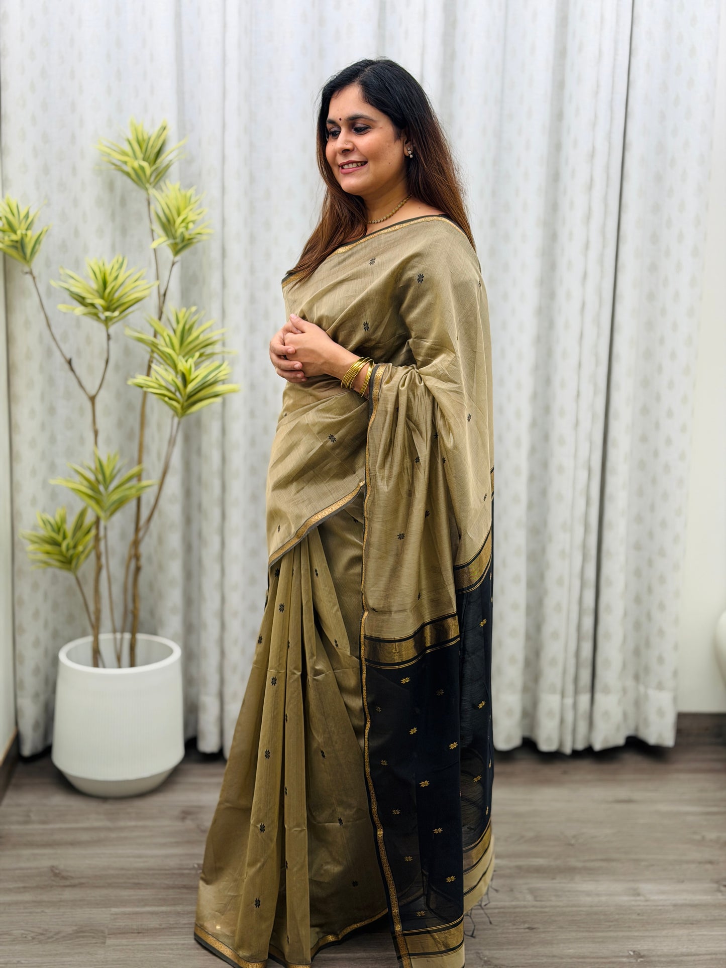 Beige -Black Maheshwari Saree
