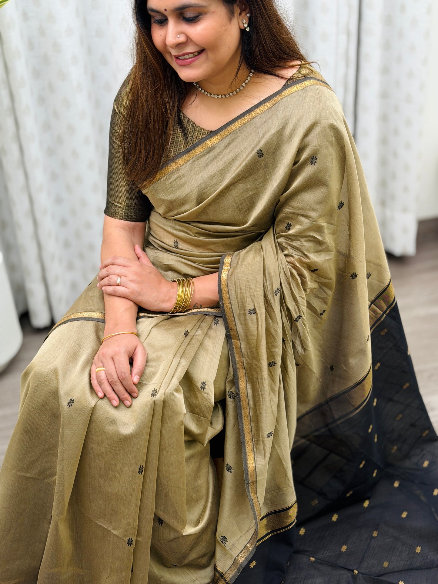 Beige -Black Maheshwari Saree
