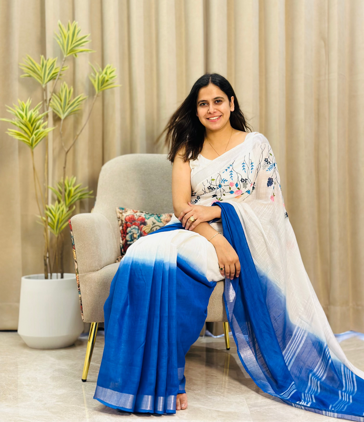 White & Blue Semi Linen Saree