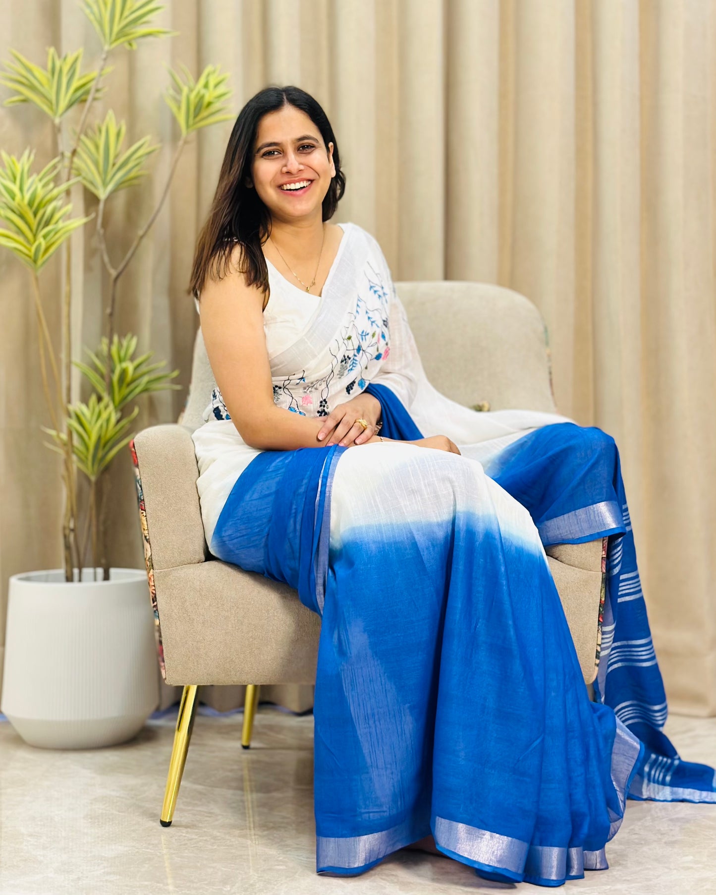 White & Blue Semi Linen Saree