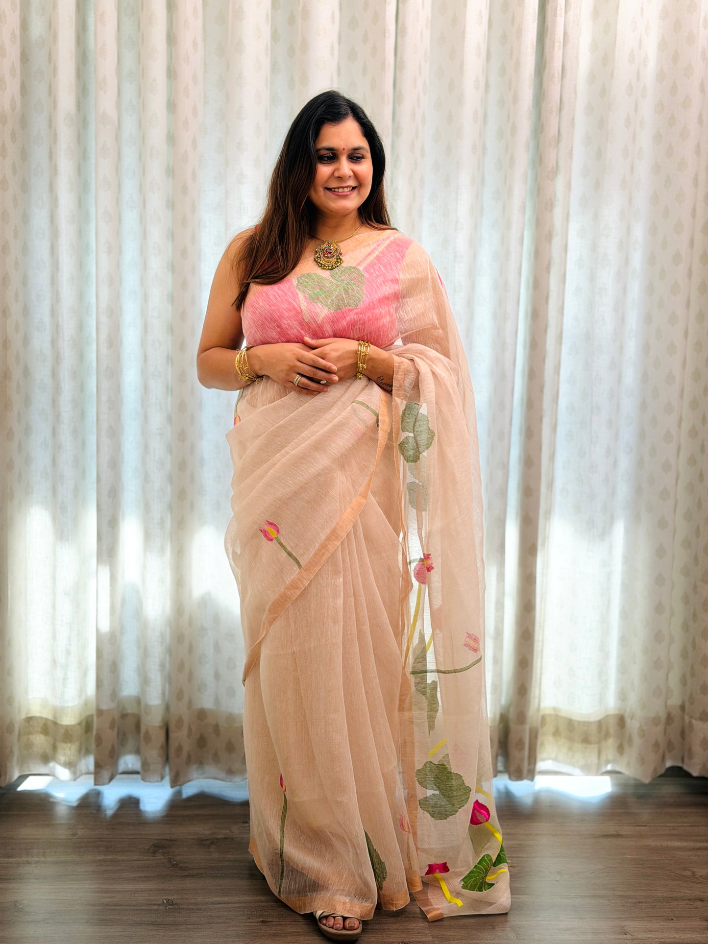 Cream White Linen -Silk Jamdani Saree