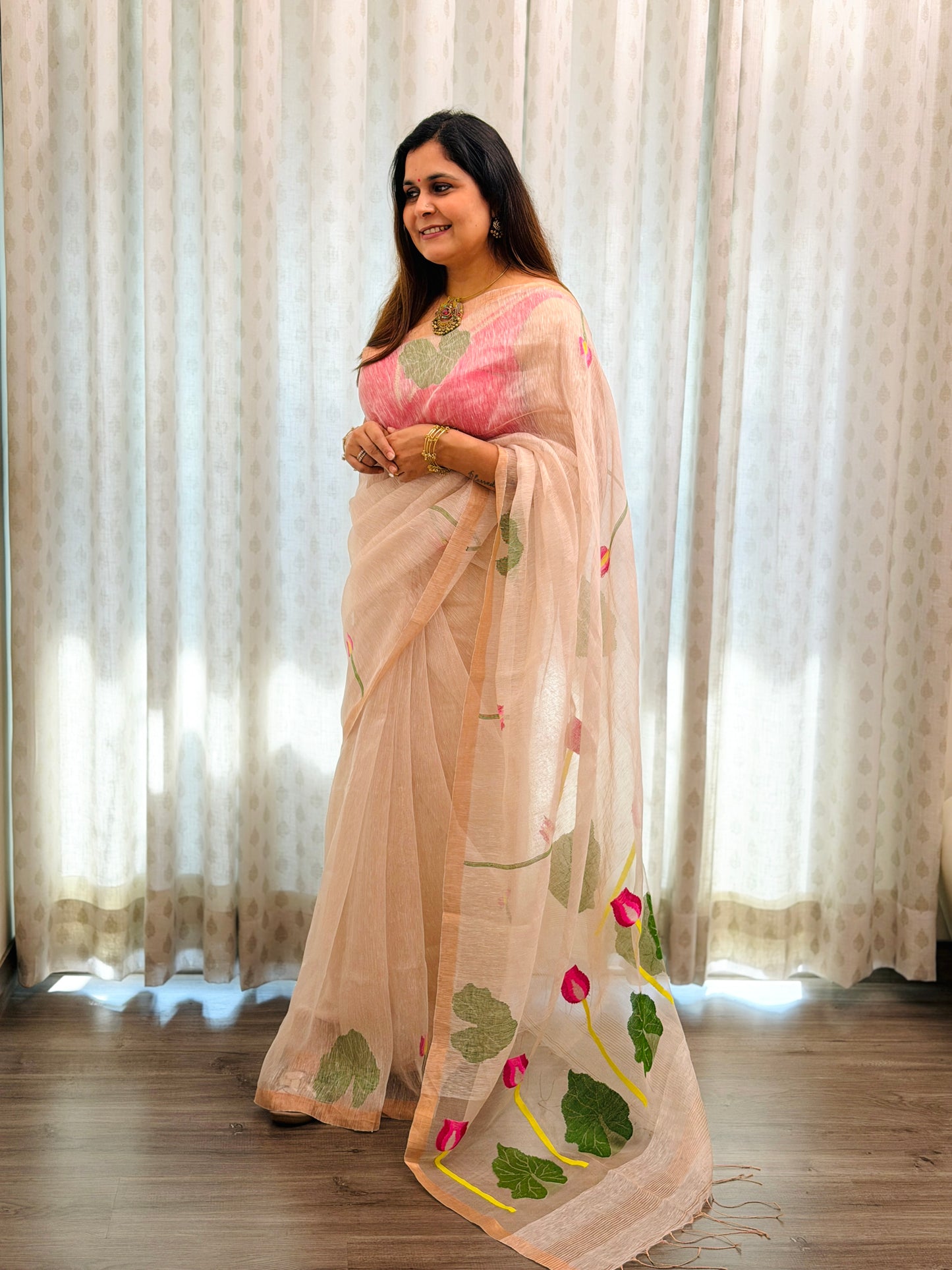 Cream White Linen -Silk Jamdani Saree