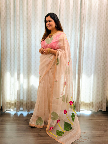 Cream White Linen -Silk Jamdani Saree