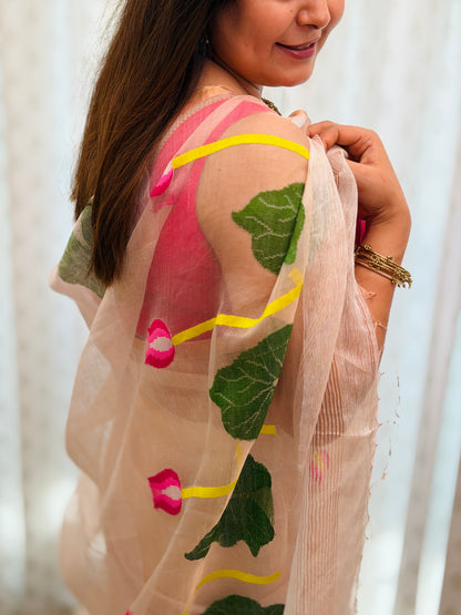 Cream White Linen -Silk Jamdani Saree