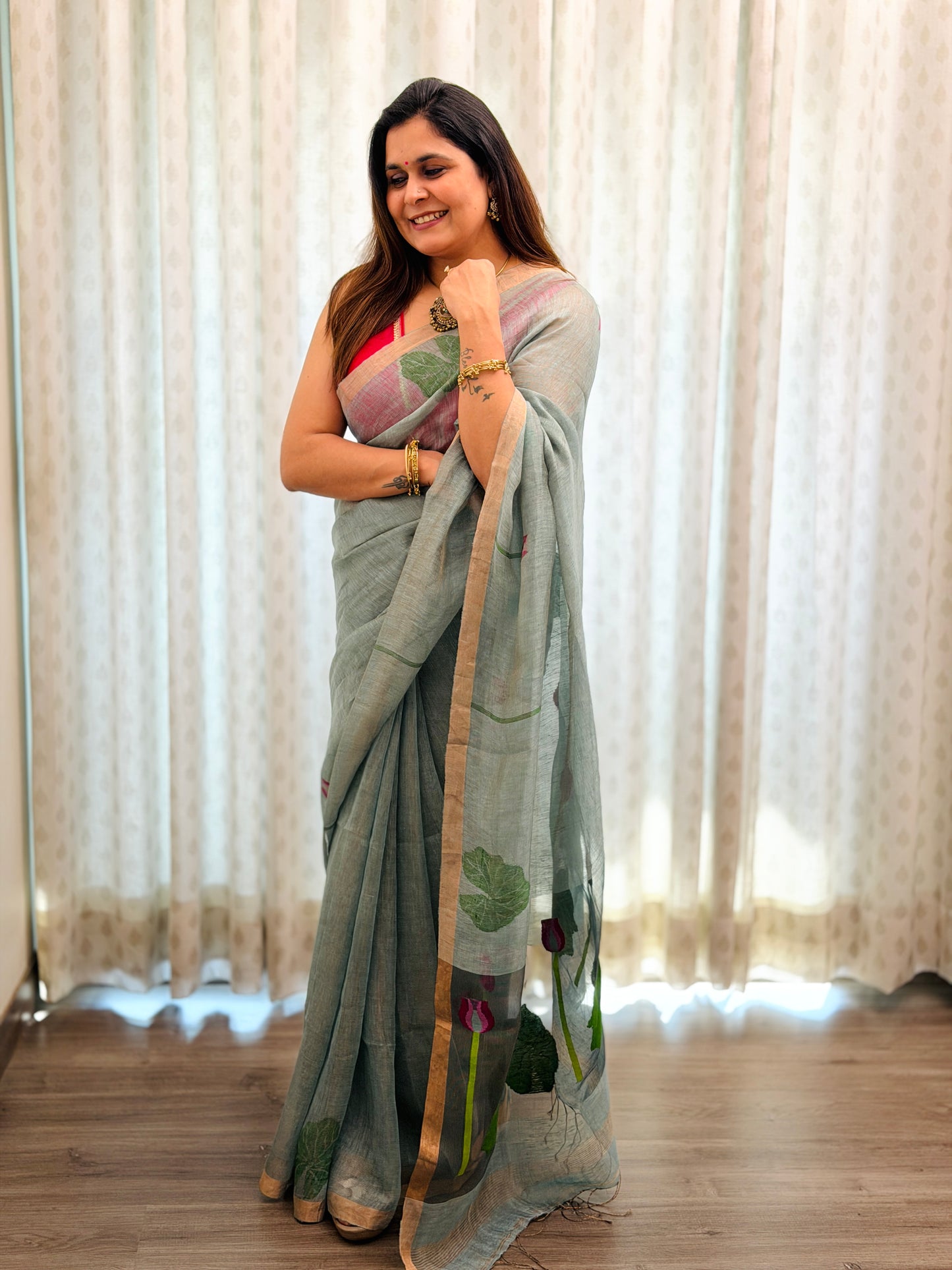Sage Green Linen -Silk Jamdani Saree