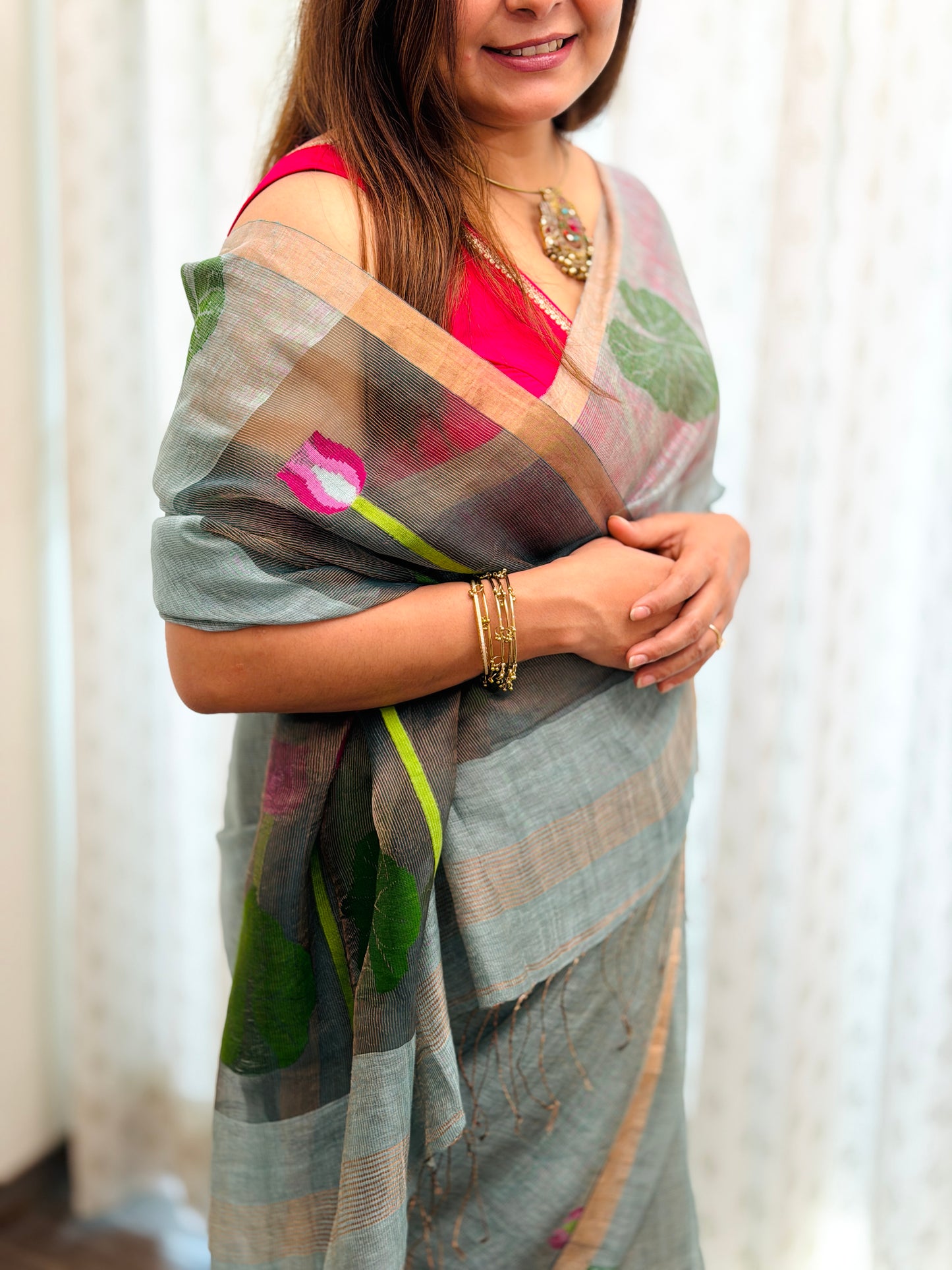 Sage Green Linen -Silk Jamdani Saree