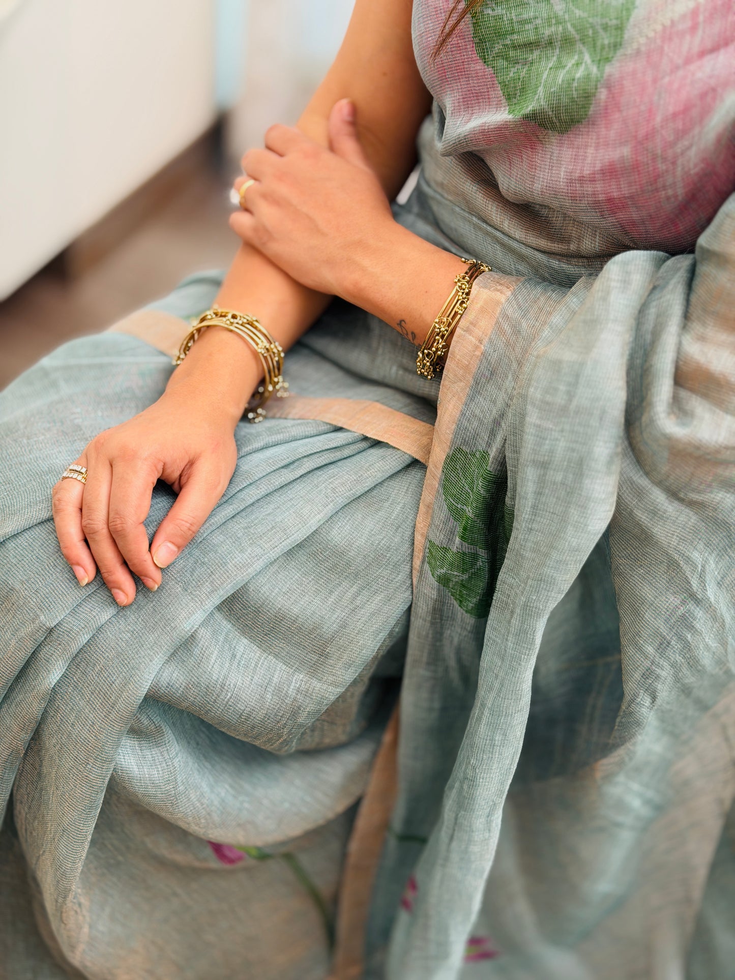 Sage Green Linen -Silk Jamdani Saree