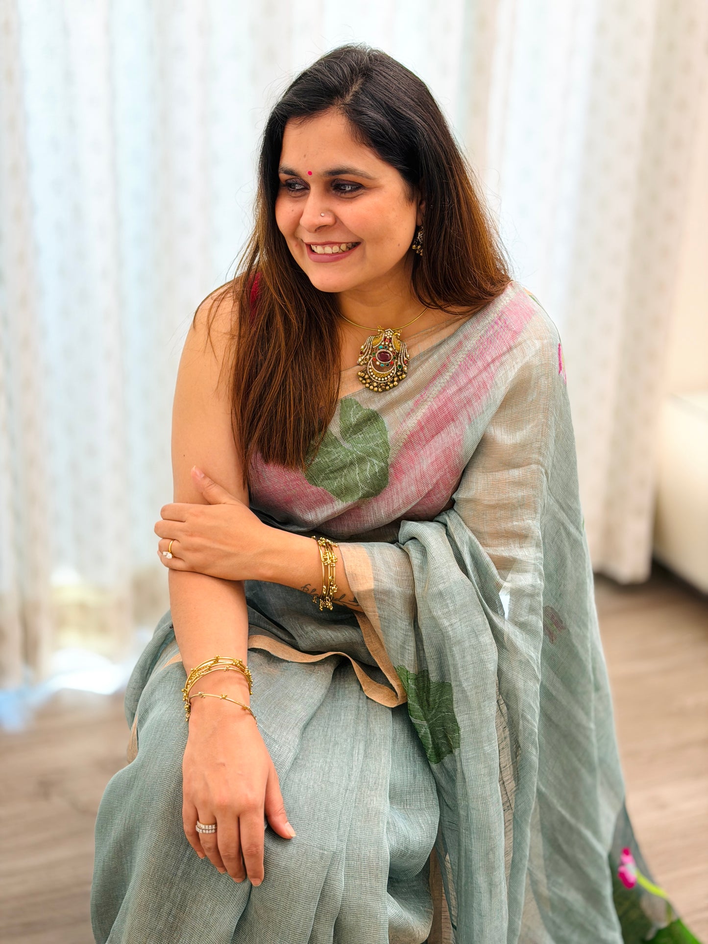 Sage Green Linen -Silk Jamdani Saree