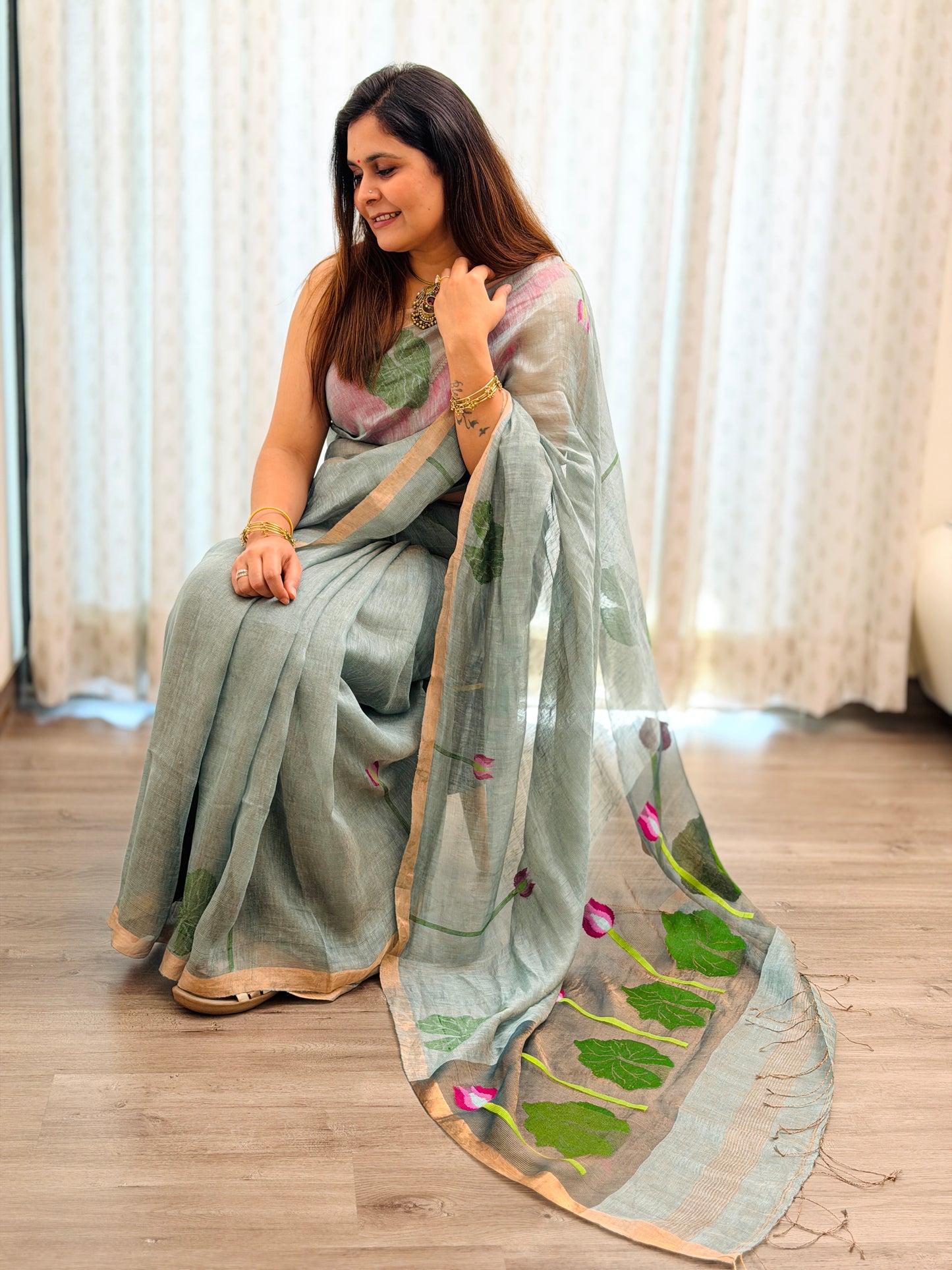 Sage Green Linen -Silk Jamdani Saree