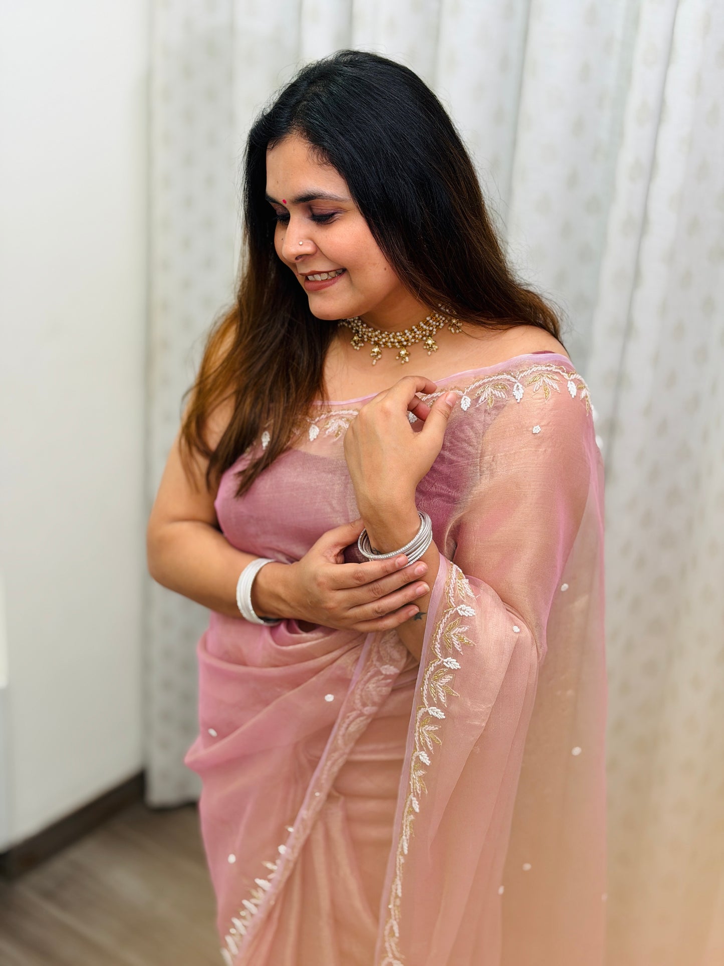 Blush Pink Tissue Silk Saree