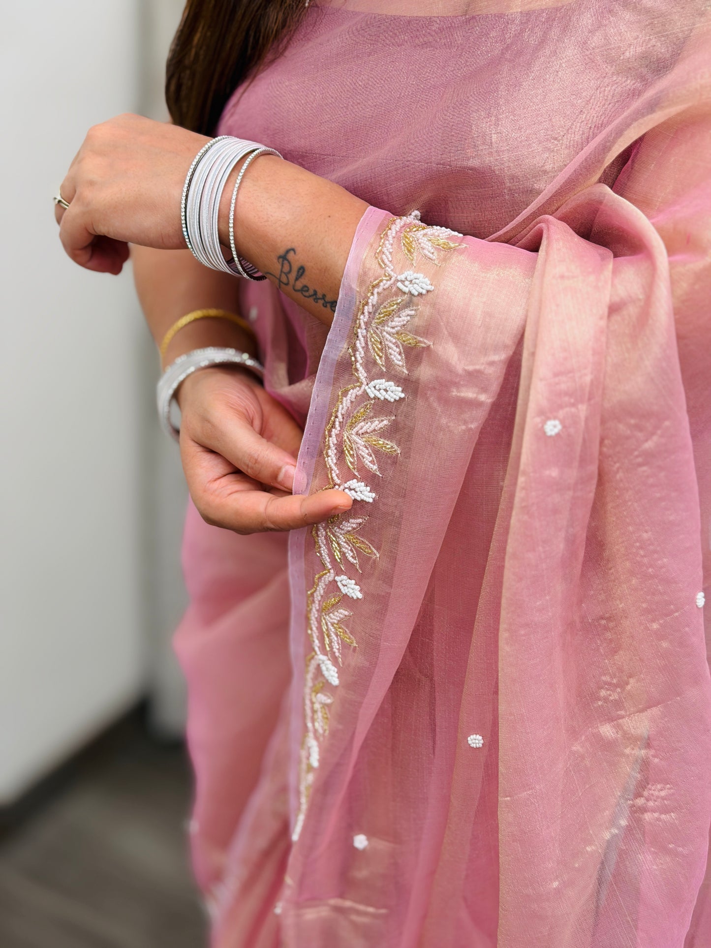 Blush Pink Tissue Silk Saree