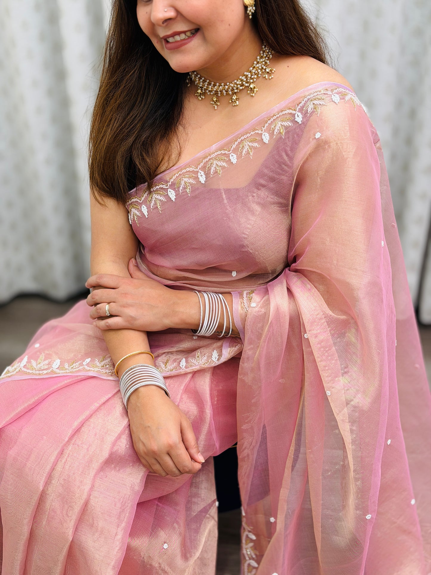 Blush Pink Tissue Silk Saree