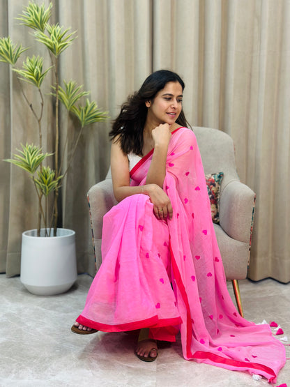 Pink Heart Mul Cotton Saree