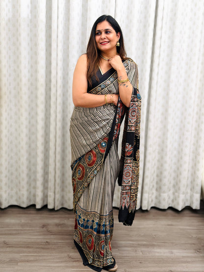 Striped Ajrakh Modal Handwork Saree