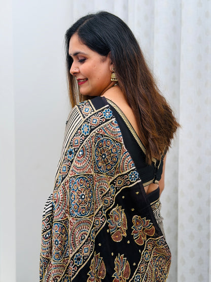 Striped Ajrakh Modal Handwork Saree