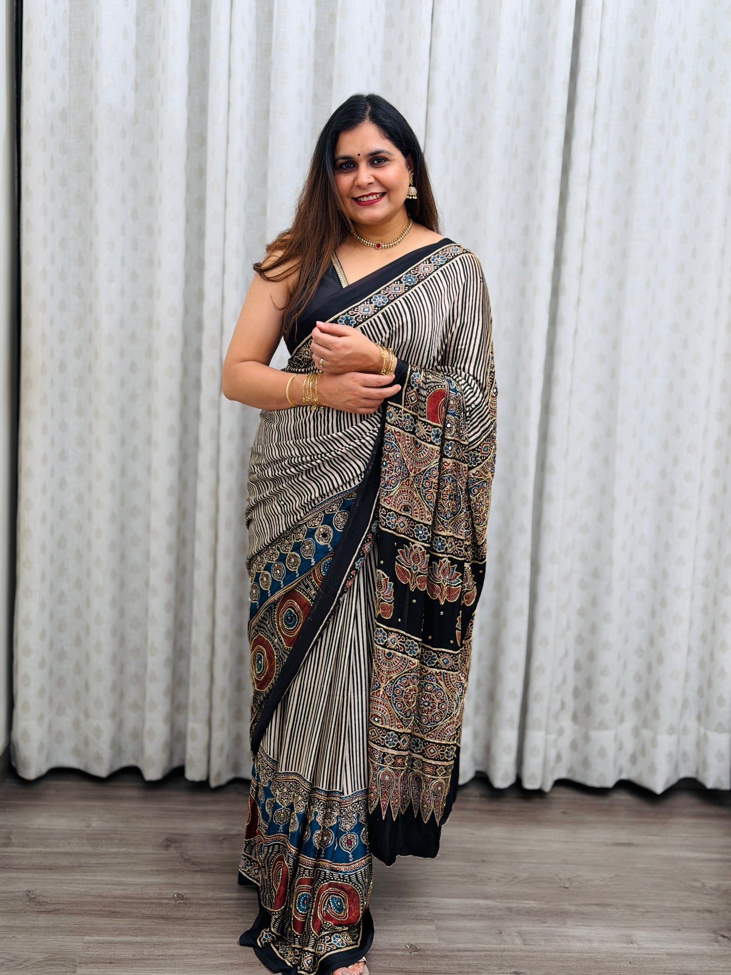 Striped Ajrakh Modal Handwork Saree