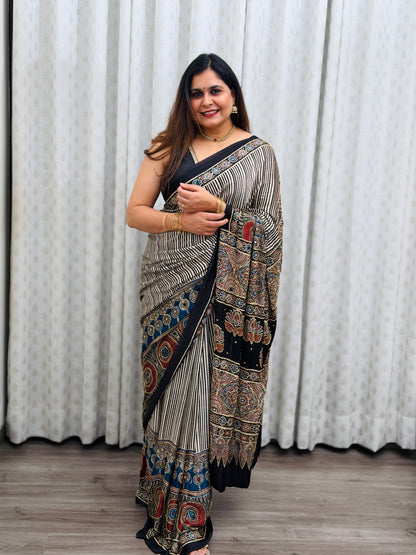 Striped Ajrakh Modal Handwork Saree