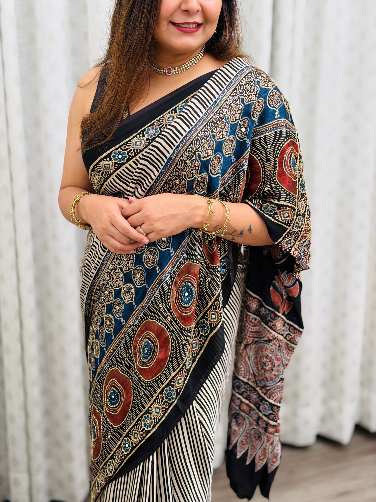 Striped Ajrakh Modal Handwork Saree