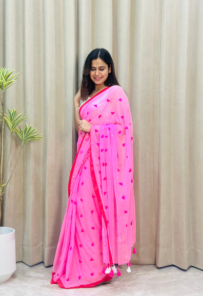 Pink Heart Mul Cotton Saree