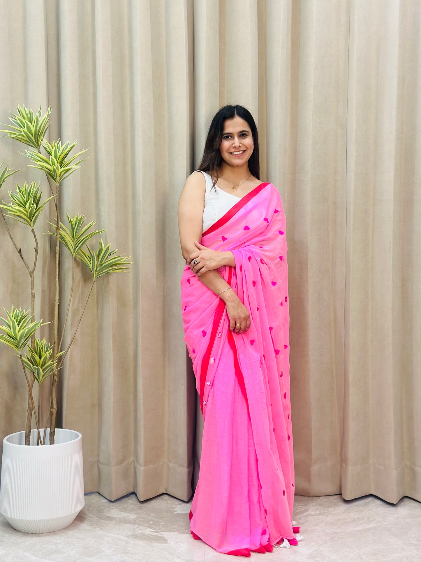 Pink Heart Mul Cotton Saree