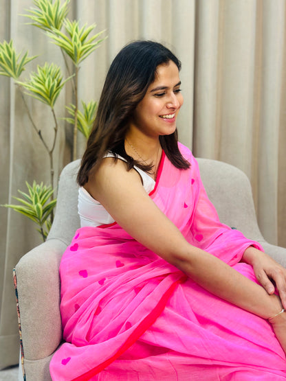 Pink Heart Mul Cotton Saree